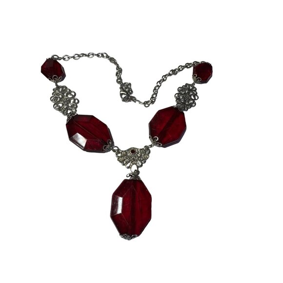 Faceted Nugget Necklace 19 inches Red and Silver Plastic Gothic Vampire - Picture 1 of 5